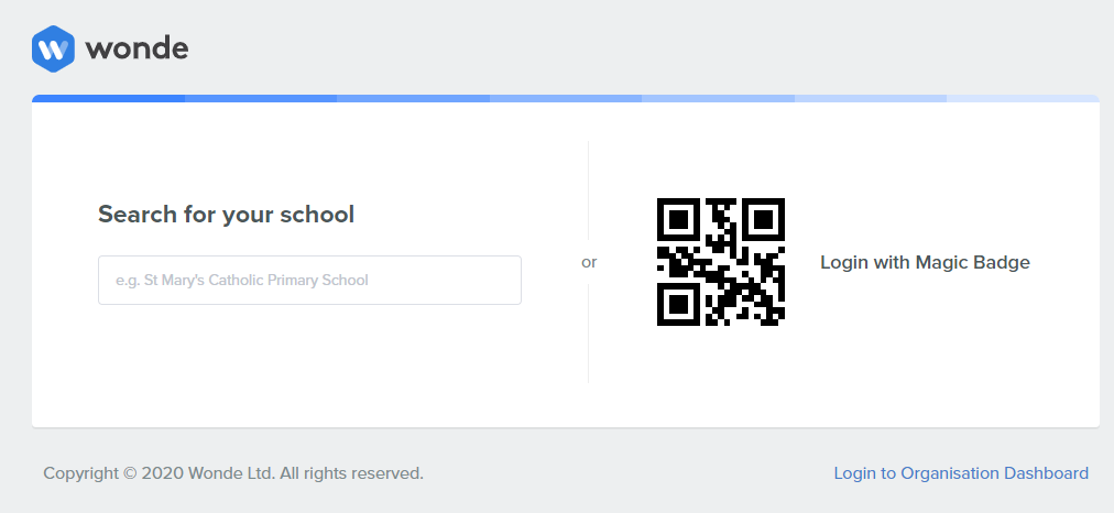 Login screen for Wonde showng a search box to look up your school and a QR code login