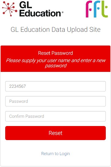 Reset password form which asks for username, password, and confirm password