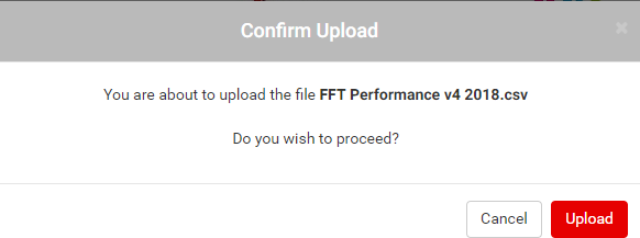 Upload confirmation, text "You are about to upload the file FFT Performance v4 2018.csv. Do you wish to continue?"