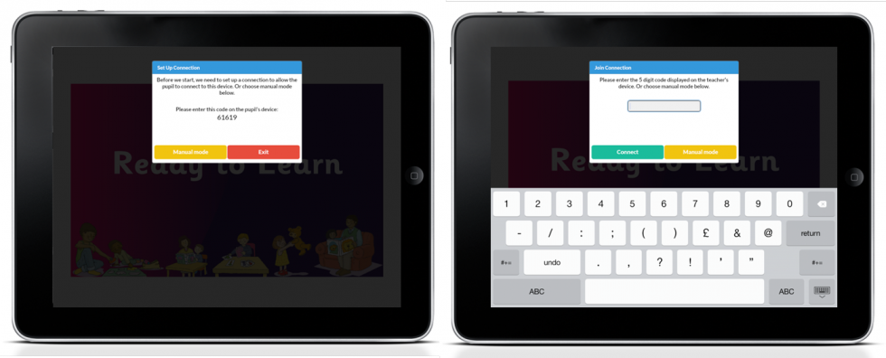 Two tablet devices side by side showing the code required to sync the test