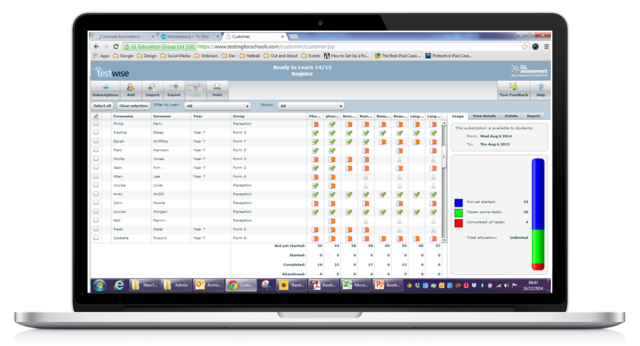A laptop screen showing a dashboard with students names, year, and group