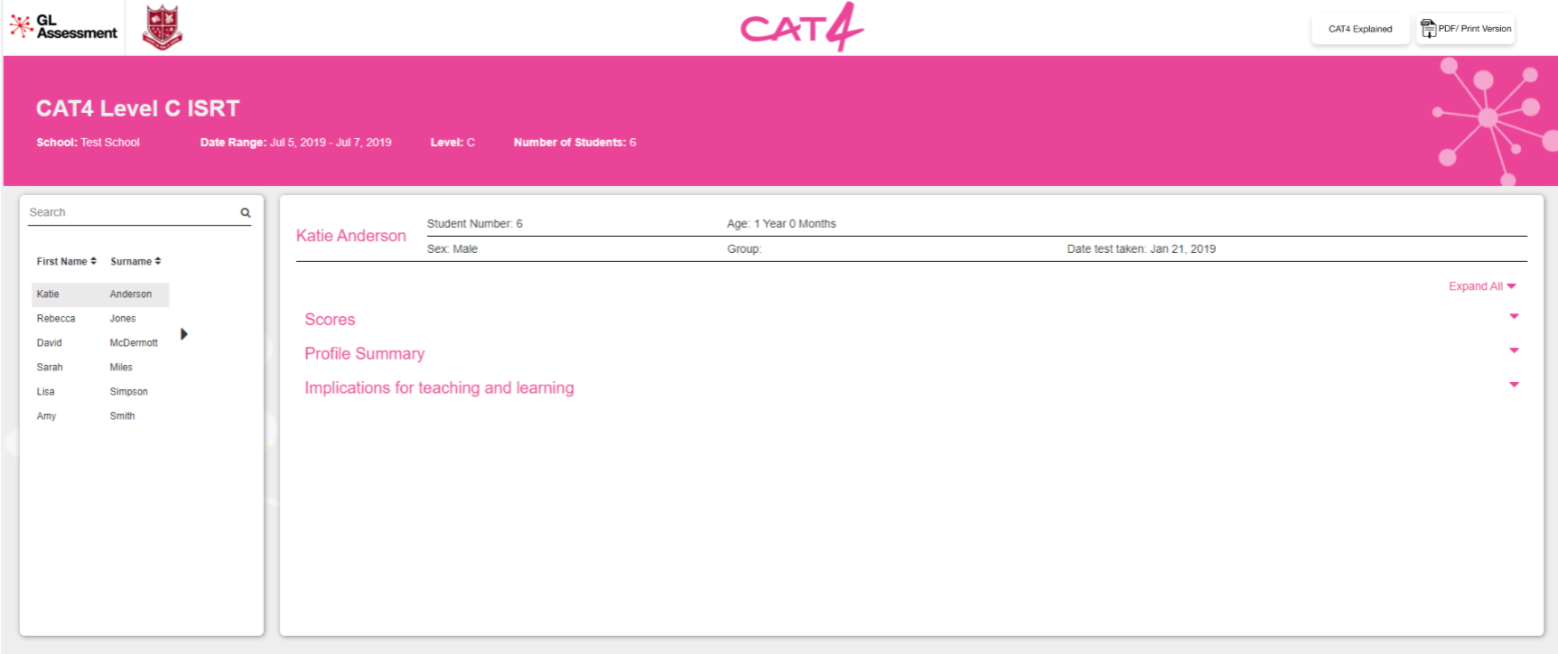 CAT4 report screen