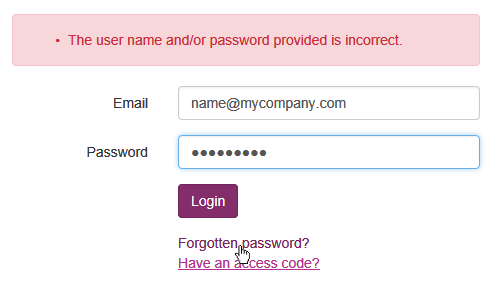 incorrect password entered, showing forgotten password link