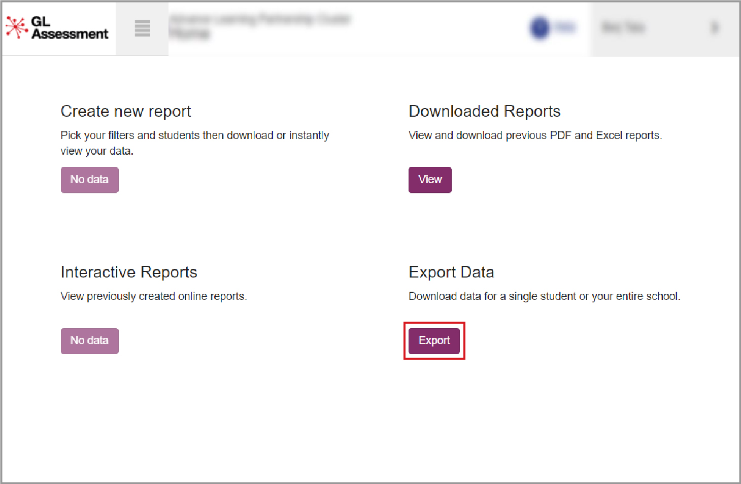 Screenshot of Testwise with the Export button highlighted